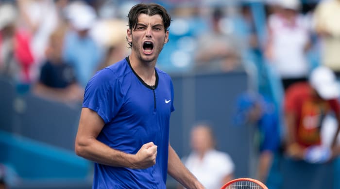 Taylor Fritz reacts to a point during his match against Andrey Rublev at the Western and Southern Open.